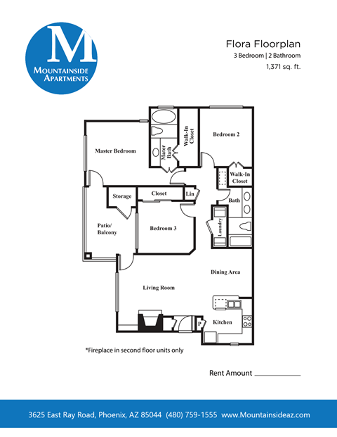 Floor plan for 3 beds, 2 baths, 1371 sqft